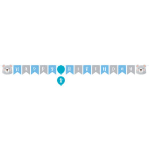 1st Birthday Bear 75.6"L X 6"W Shape Ribbon Banner, with "1" Birthday Sticker, Case of 6